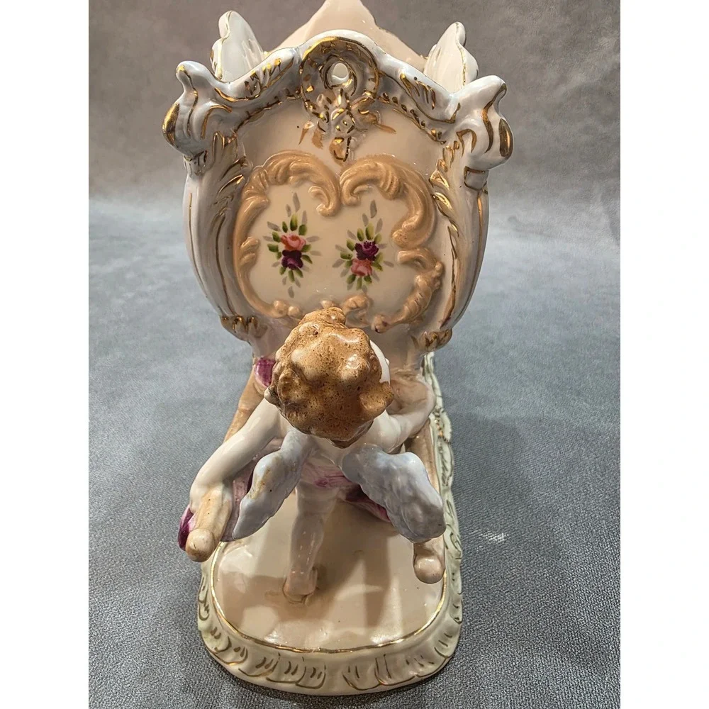 Vintage Porcelain Cherub Sedan Chair Centerpiece Gold Gilt Floral Figurine 8